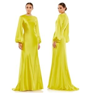 New never used Ieena Mac Duggal Chartreuse Satin Long Blouson Slv Gown s…